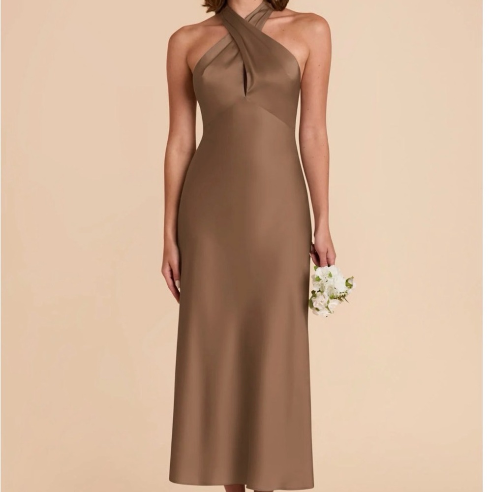 Birdy Grey One-Shoulder Satin Dress in Taupe